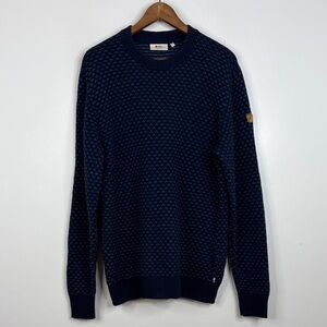 Fjallraven Sweater Mens Large Navy Blue Wool Ovik Nordic Fair Isle Elbow Patches